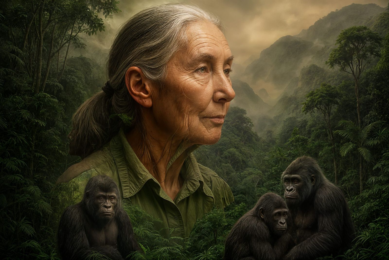 Jane Goodall Style Researcher in Misty Jungle