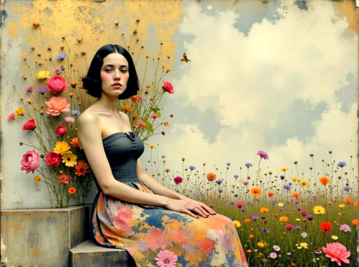 Woman with Floral Background in Klimt Style