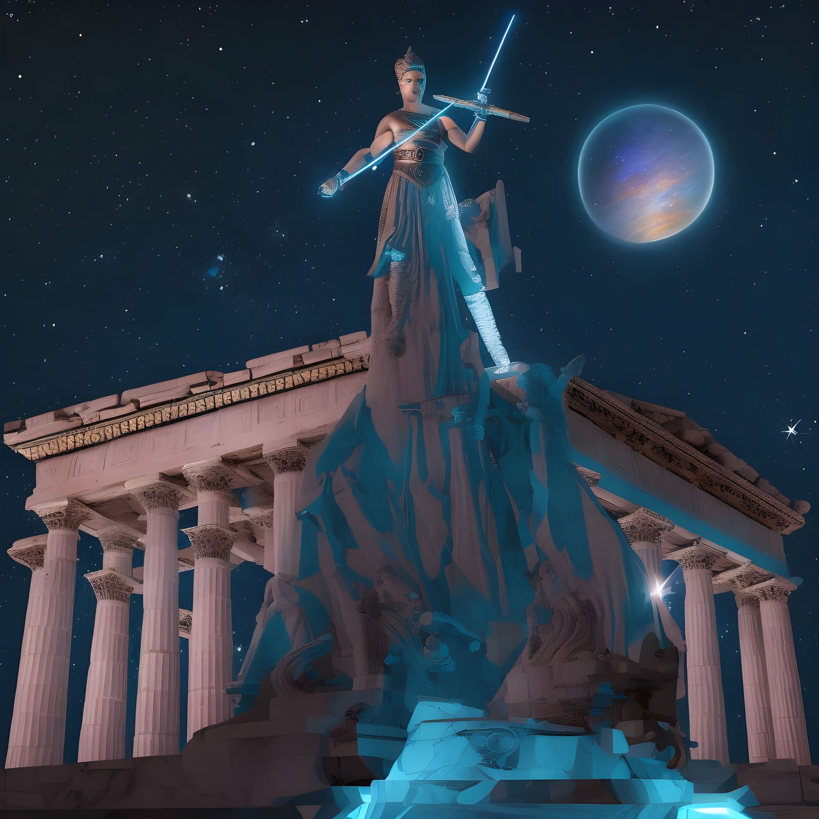 Glittering Athena Statue Before Acropolis at Night