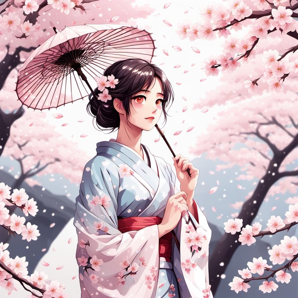 Anime Girl with Parasol Under Cherry Blossoms