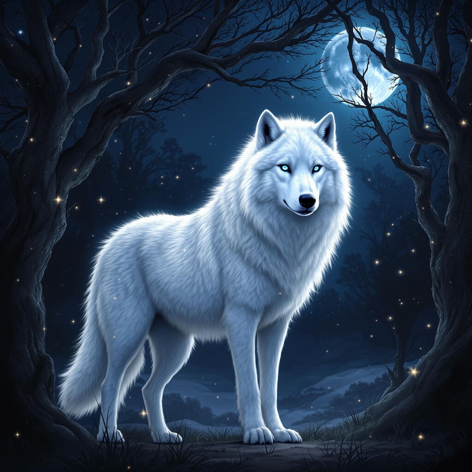 Majestic White Wolf in Moonlit Forest, Digital Art