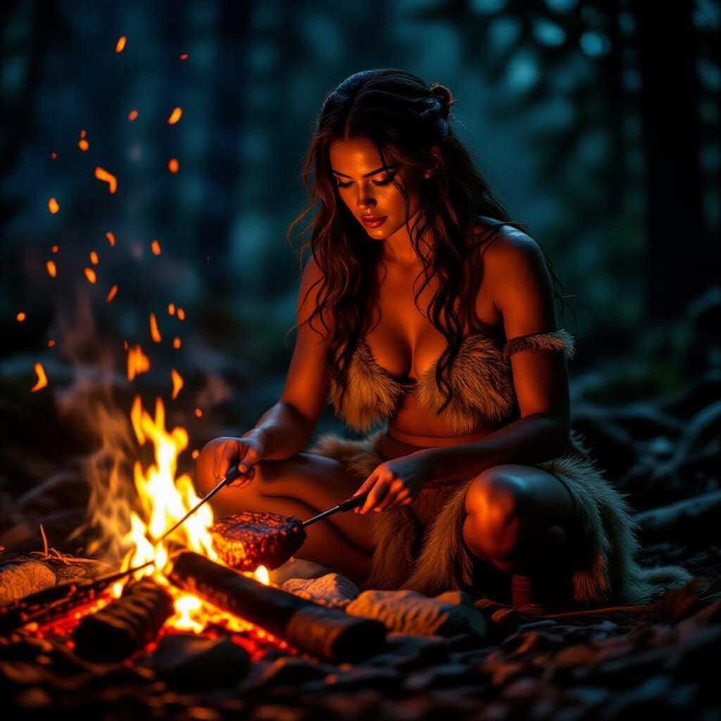 Cavewoman Roasting Meat in Cinematic Lighting