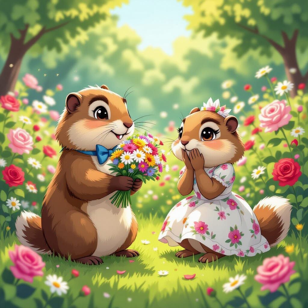 Groundhog Couple in Flower Garden Manga Style