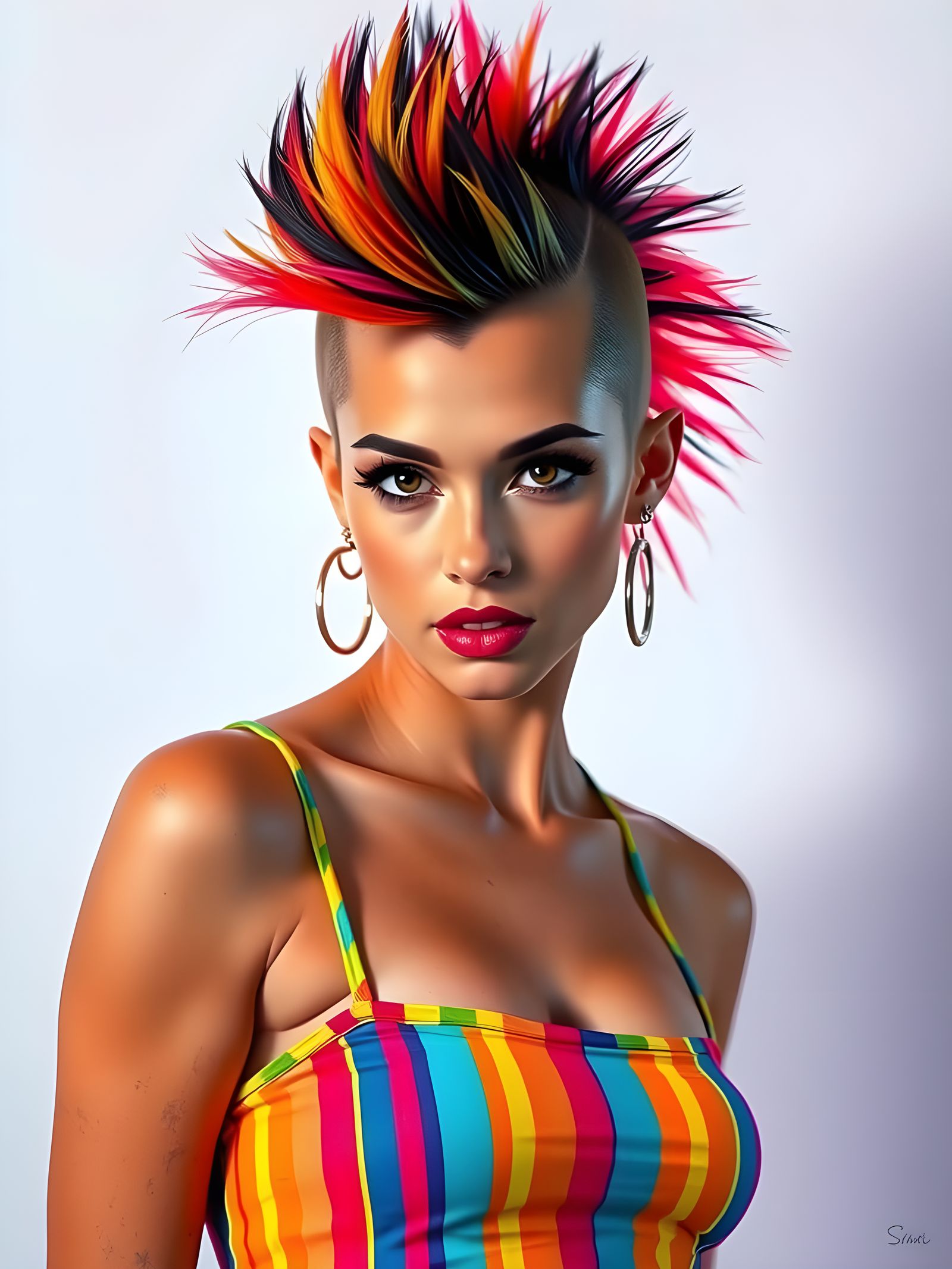 Hyperrealistic 1980s Skinhead Actress in Vibrant Dress