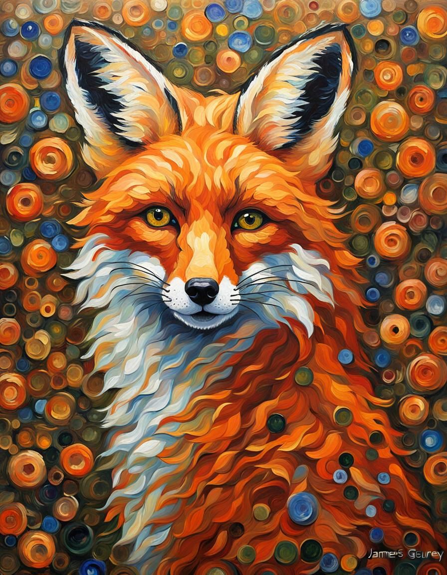 Fox in Art Nouveau Style Impasto Oil Painting