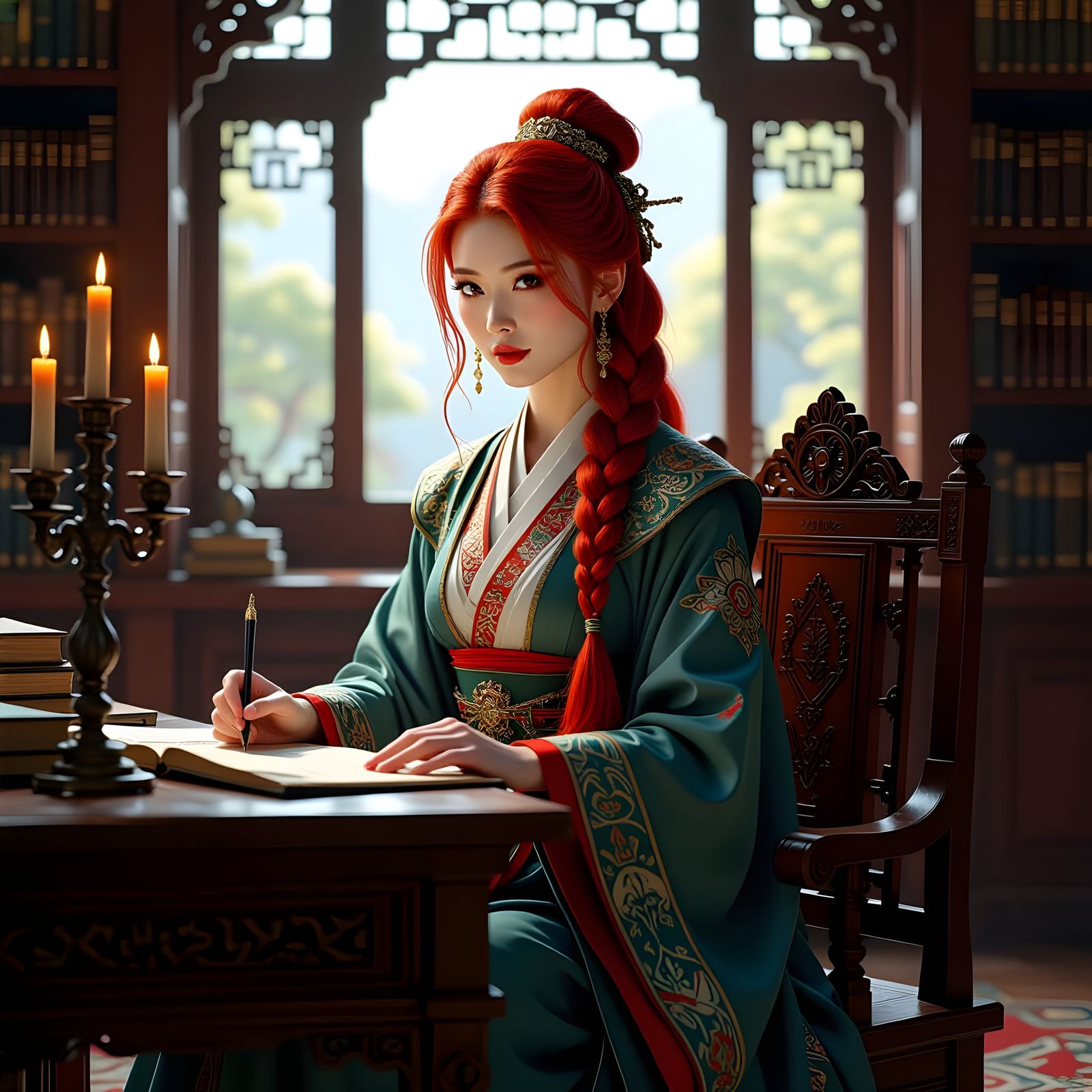 Asian Woman with Red Braid in Arcane Library