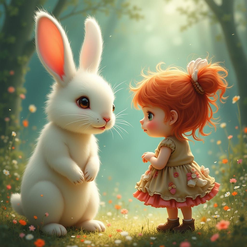 Whimsical Fantasy: Girl Chats with White Rabbit