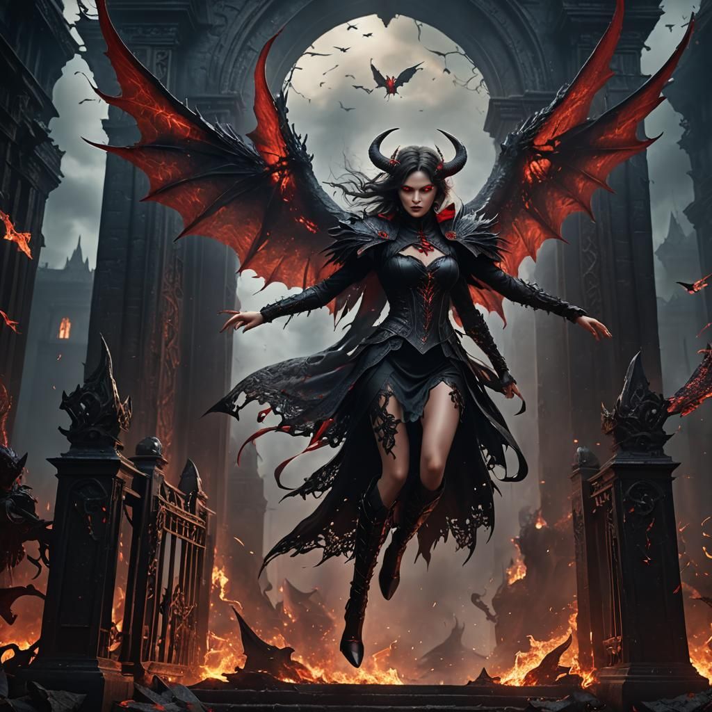 Demon Woman Flies over Hell Gates: Fantasy Art