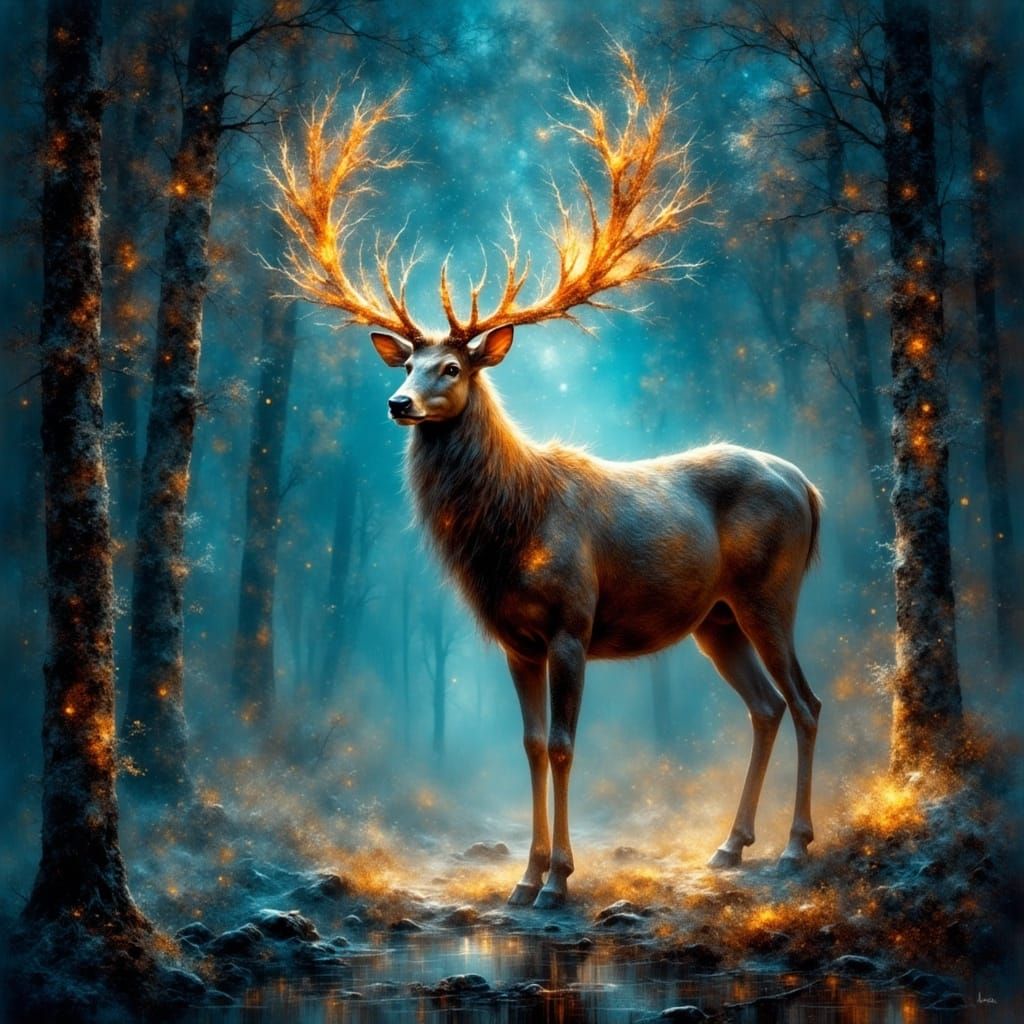 Cosmic Stag in Nebula Forest Illustration