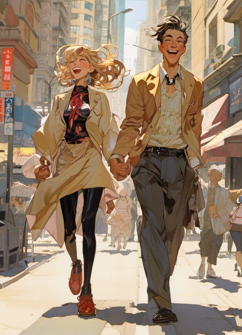 Anime Couple Laughing in Vibrant City