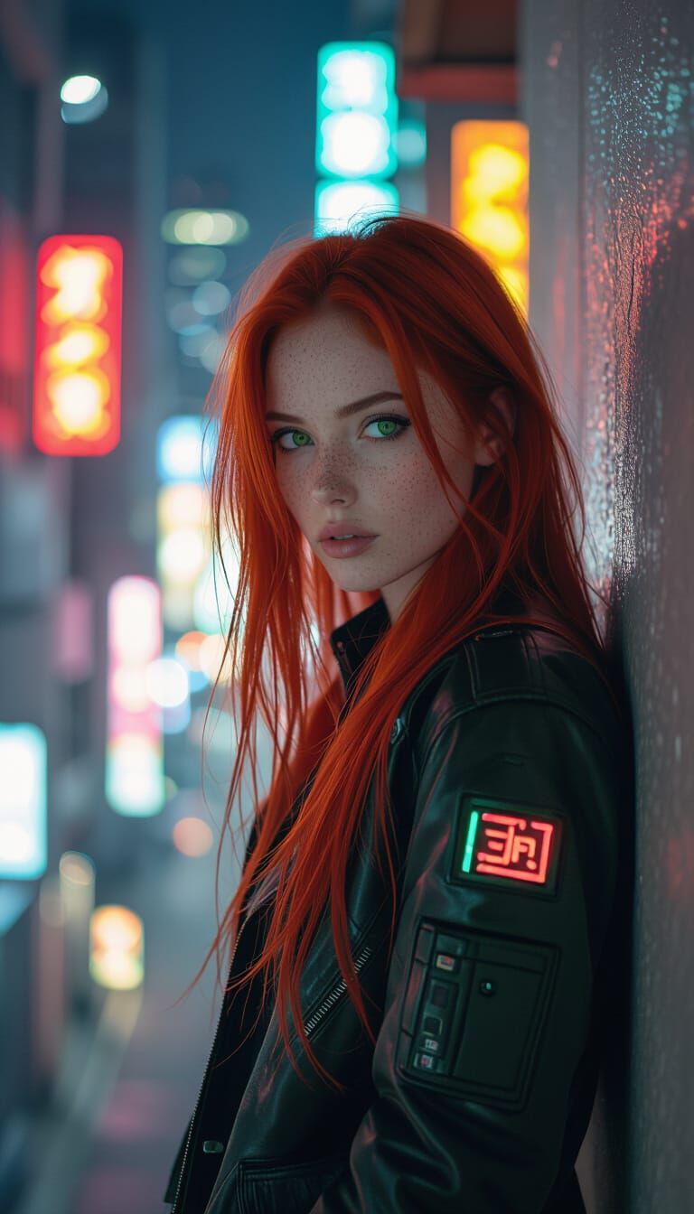 Cyberpunk Woman in Neon Cityscape Photography