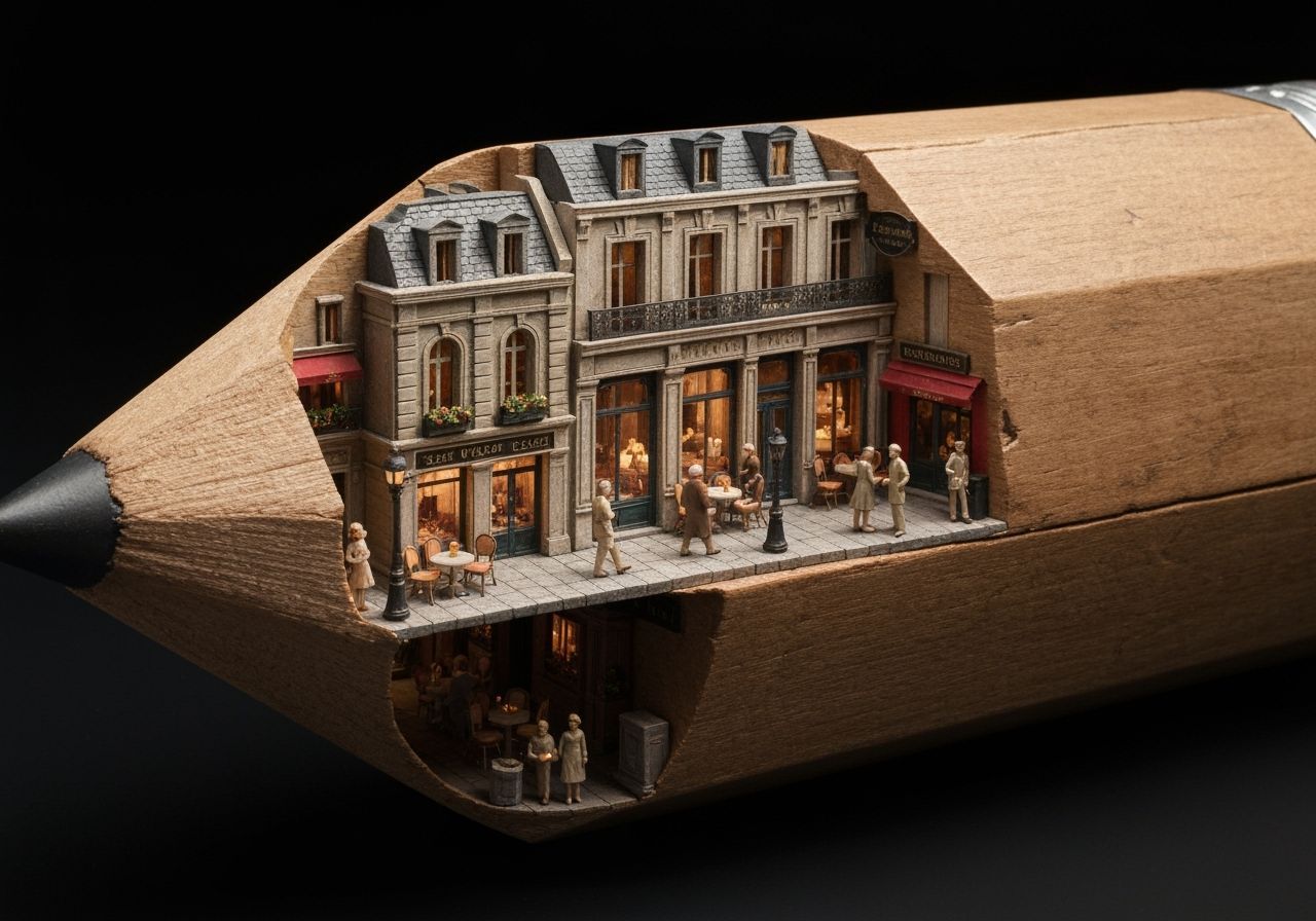 Parisian Cafe Inside Giant Wooden Pencil Diorama