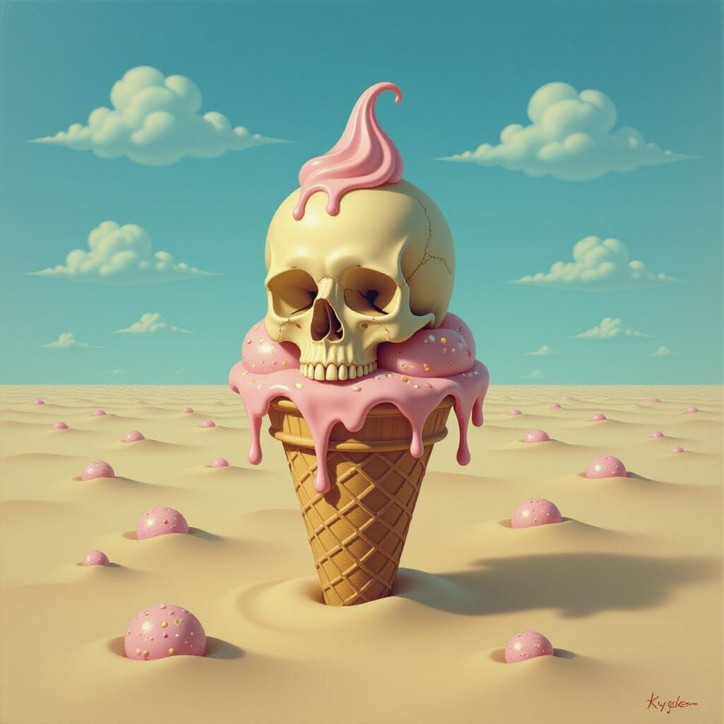 Surreal Melting Ice Cream Skull in Gouache Style