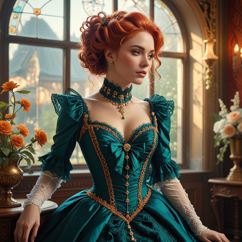 Glamorous Victorian Lady in Elegant Gown Depicted in Intrica...