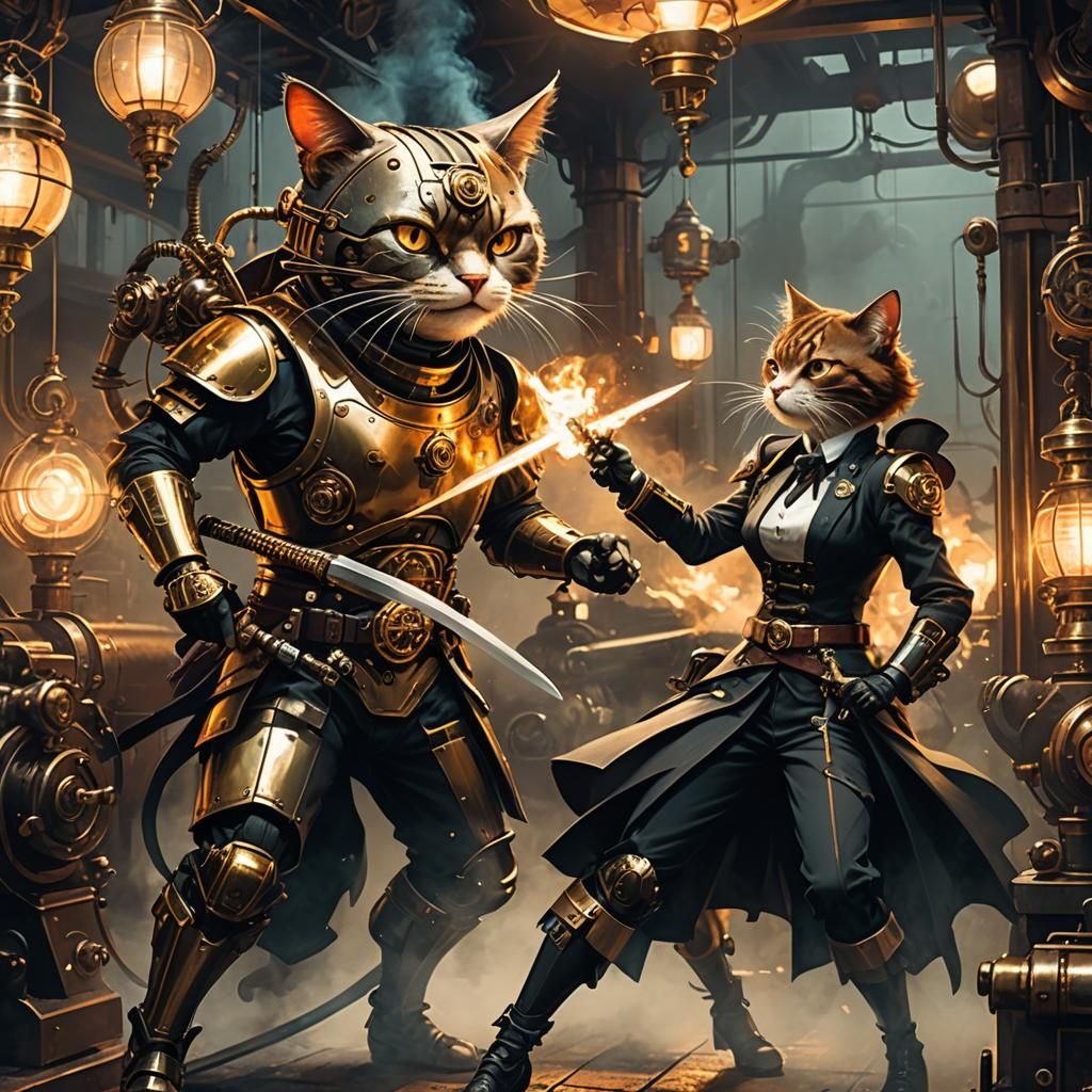 Samurai Cat in Steampunk Engine Room