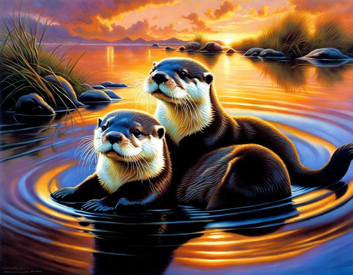 Cute Otters Playing: Oil Painting Masterpiece