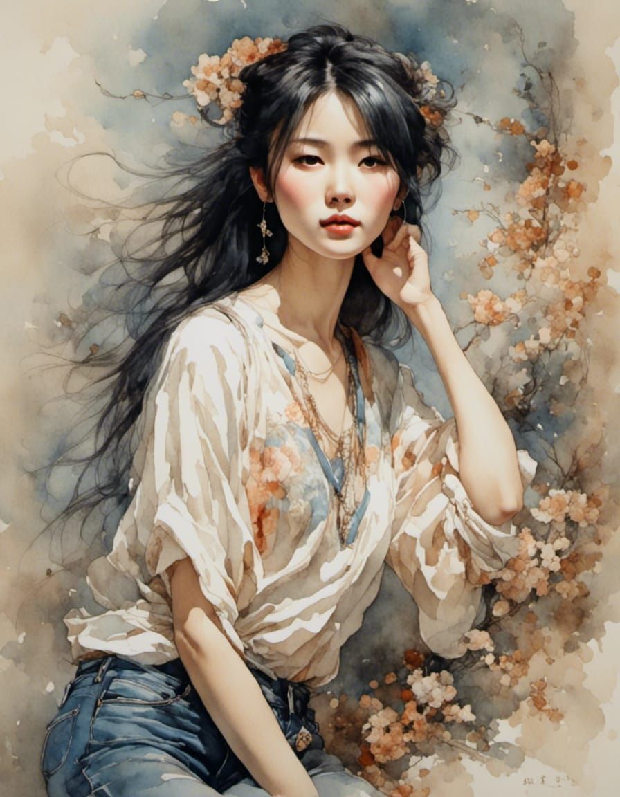 Playful Chinese Woman: Hyperreal Romantic Watercolor Portrai...
