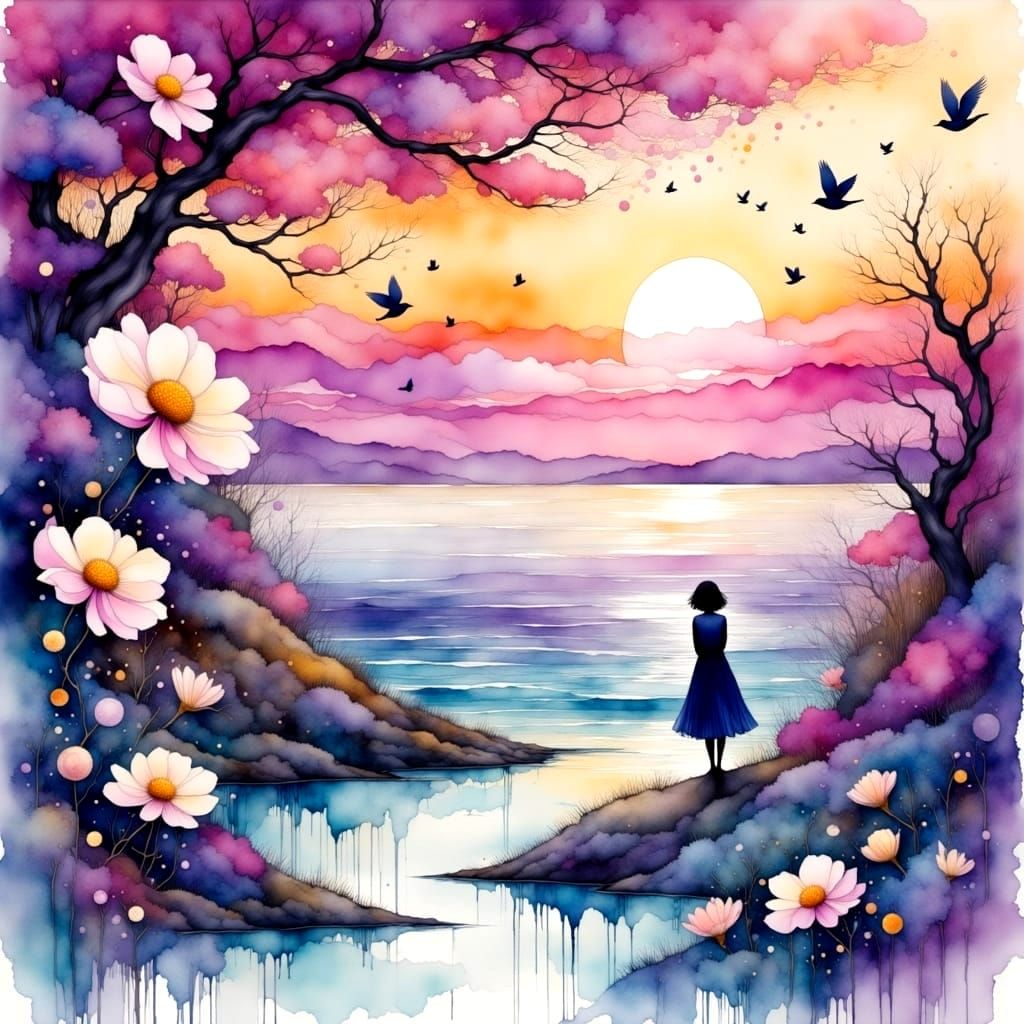 Vibrant Art Deco Sunset with Flowers and Birds