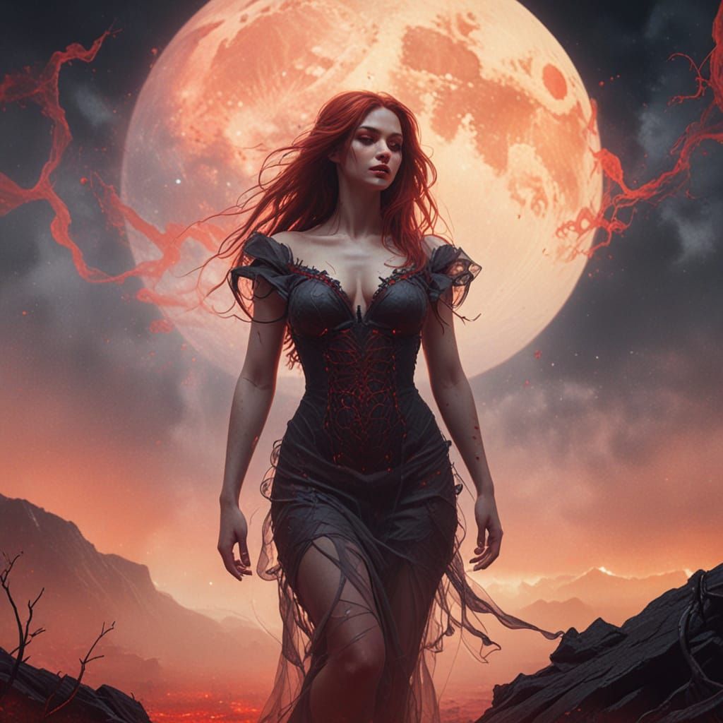 Ethereal Woman in Red Gossamer Gown with Demon Spawn