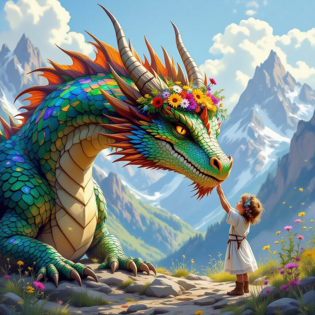 Ancient Dragon and Child Friendship in Fantasy Art