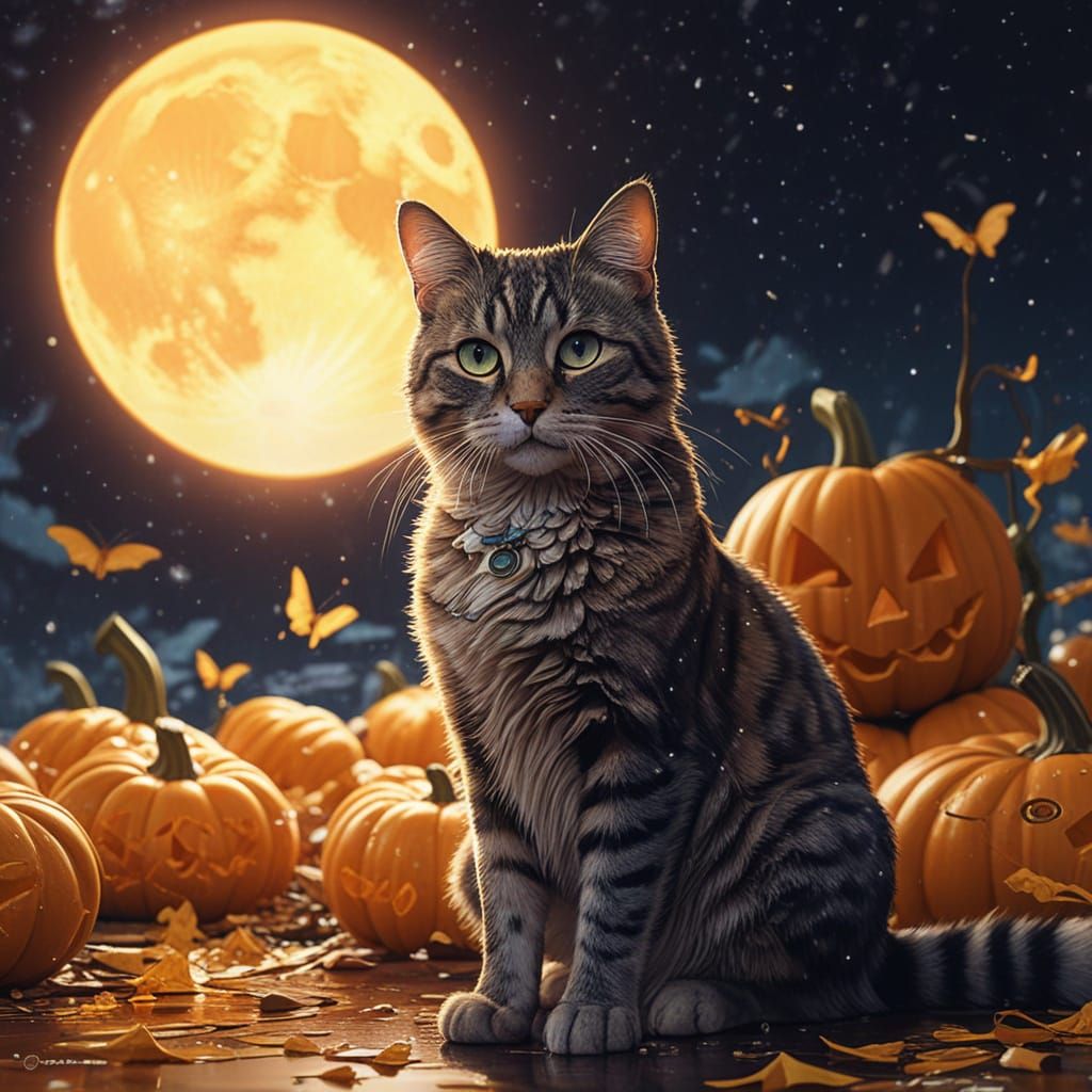 Sunflower Cat with Monsters Under Full Moon