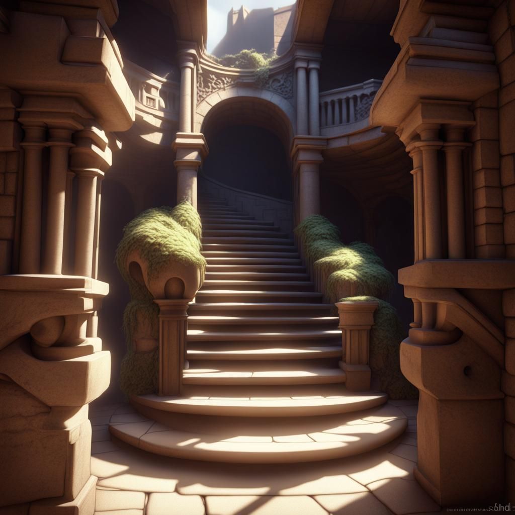 Labyrinthian Staircase: 3D Render with Dramatic Shading