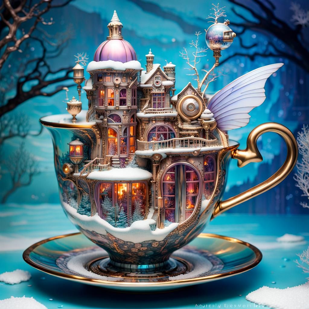 Steampunk Tea Cup Manor: Winter's Cozy Surrealism