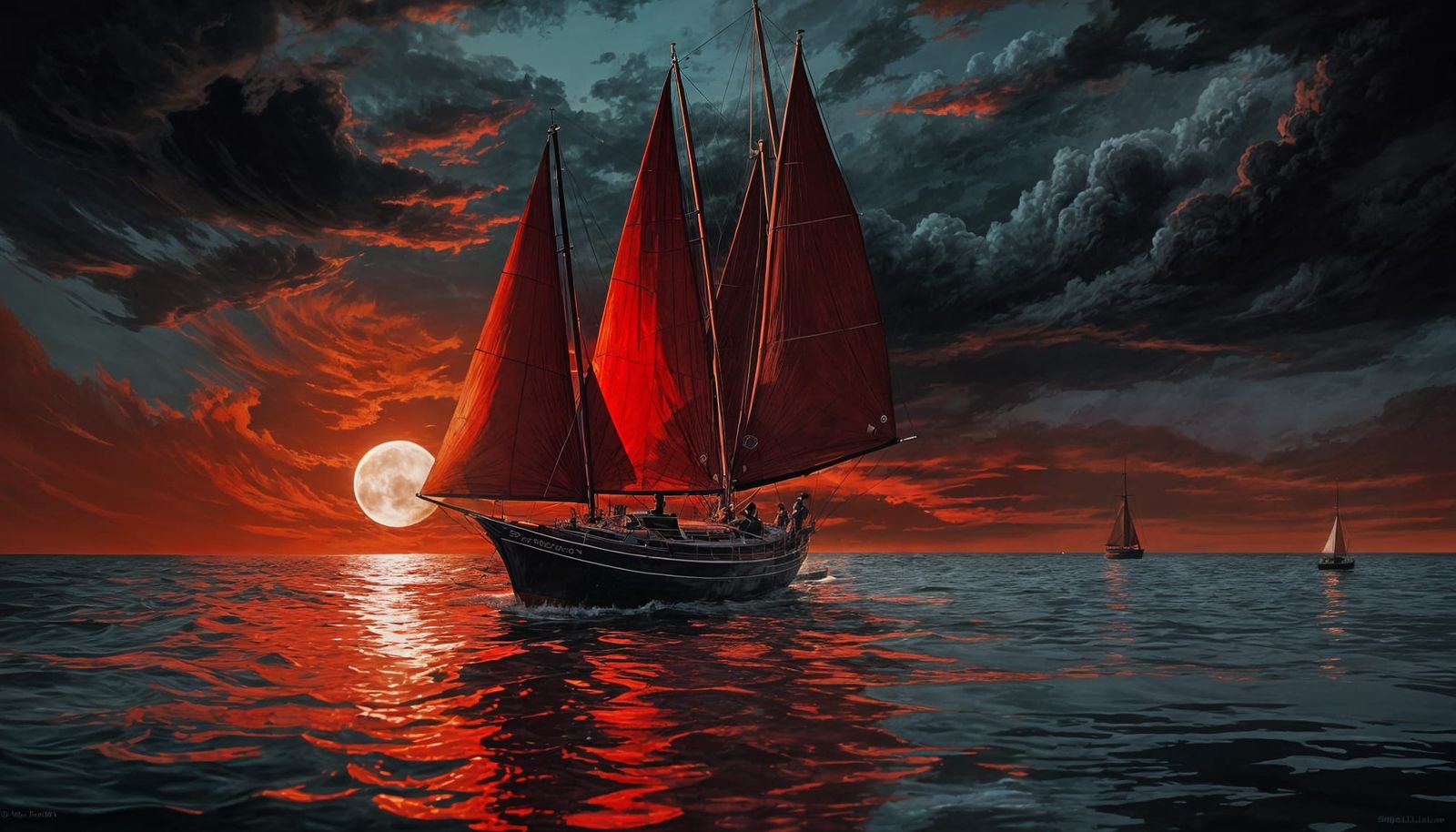 Fiery Sailboat Under Blood-Red Moon Reflection