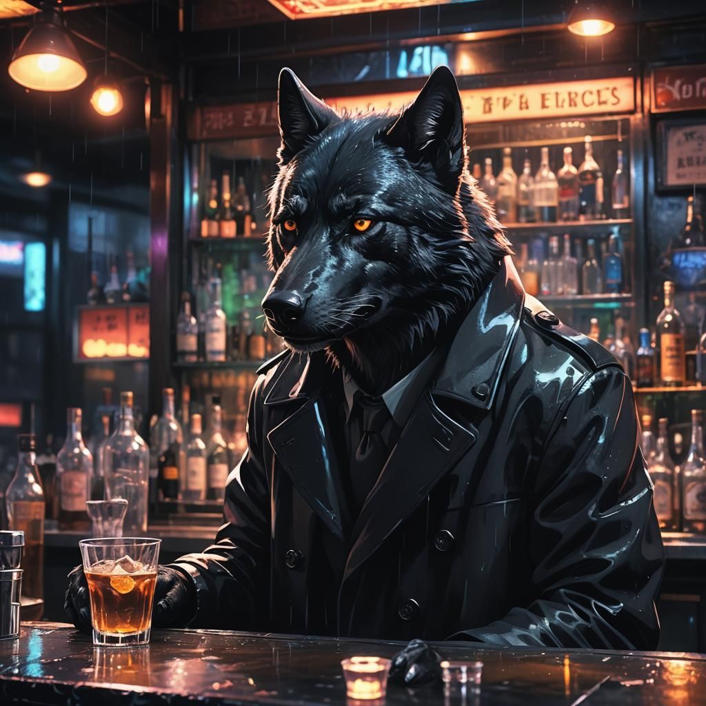 Anime Wolf Bartender in a Neon-Lit City