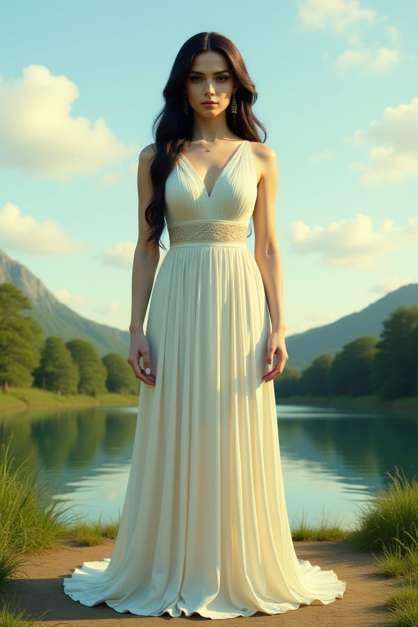 Elegant Goddess in Serene Landscape, Art Nouveau Style