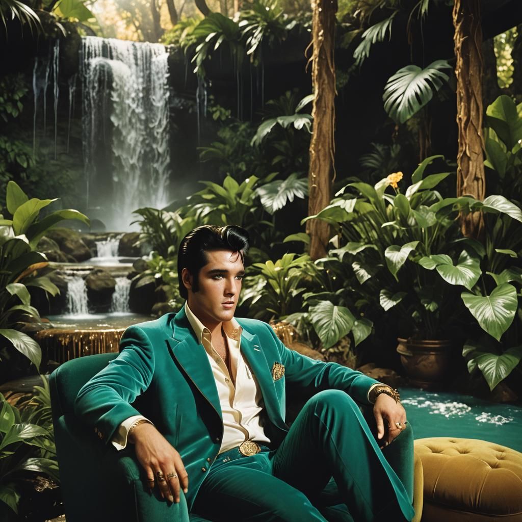 Elvis in Jungle Room with Waterfall, Cinematic Lighting