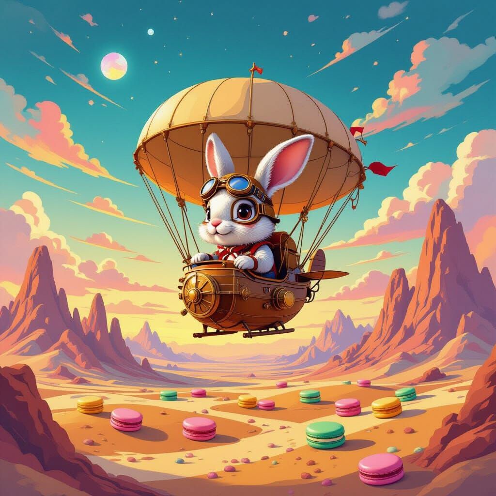 Steampunk Rabbit Pilots Dirigible Over Candy Desert