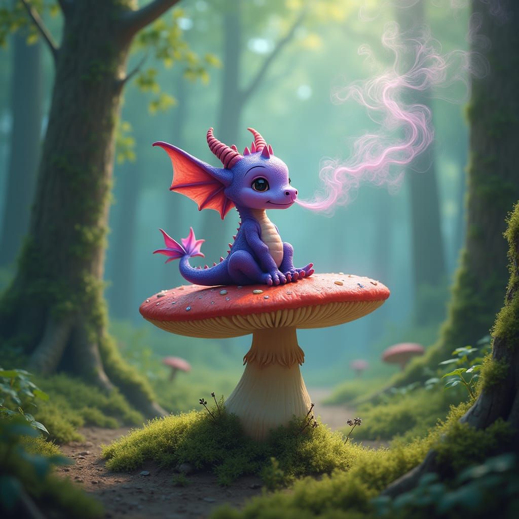 Iridescent Dragon Blowing Smoke Rings in Forest