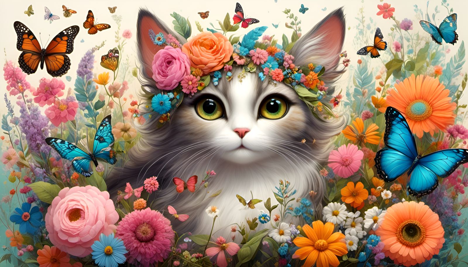 Cute Cat Surrounded by Flowers and Butterflies