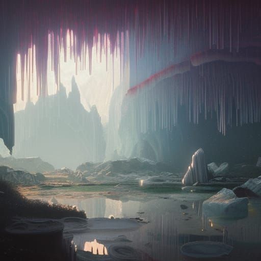 Selenite Crystal Cave: Impressionistic Biopunk Oil Painting