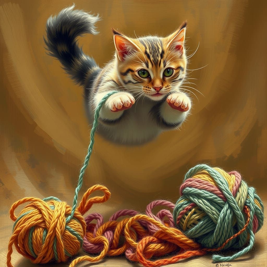 Cat's Yarn Play, Impressionistic Style