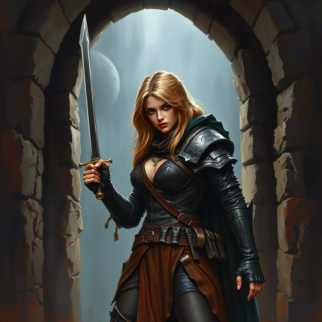 Worried Rogue Guarding Tomb Entrance in Fantasy Art