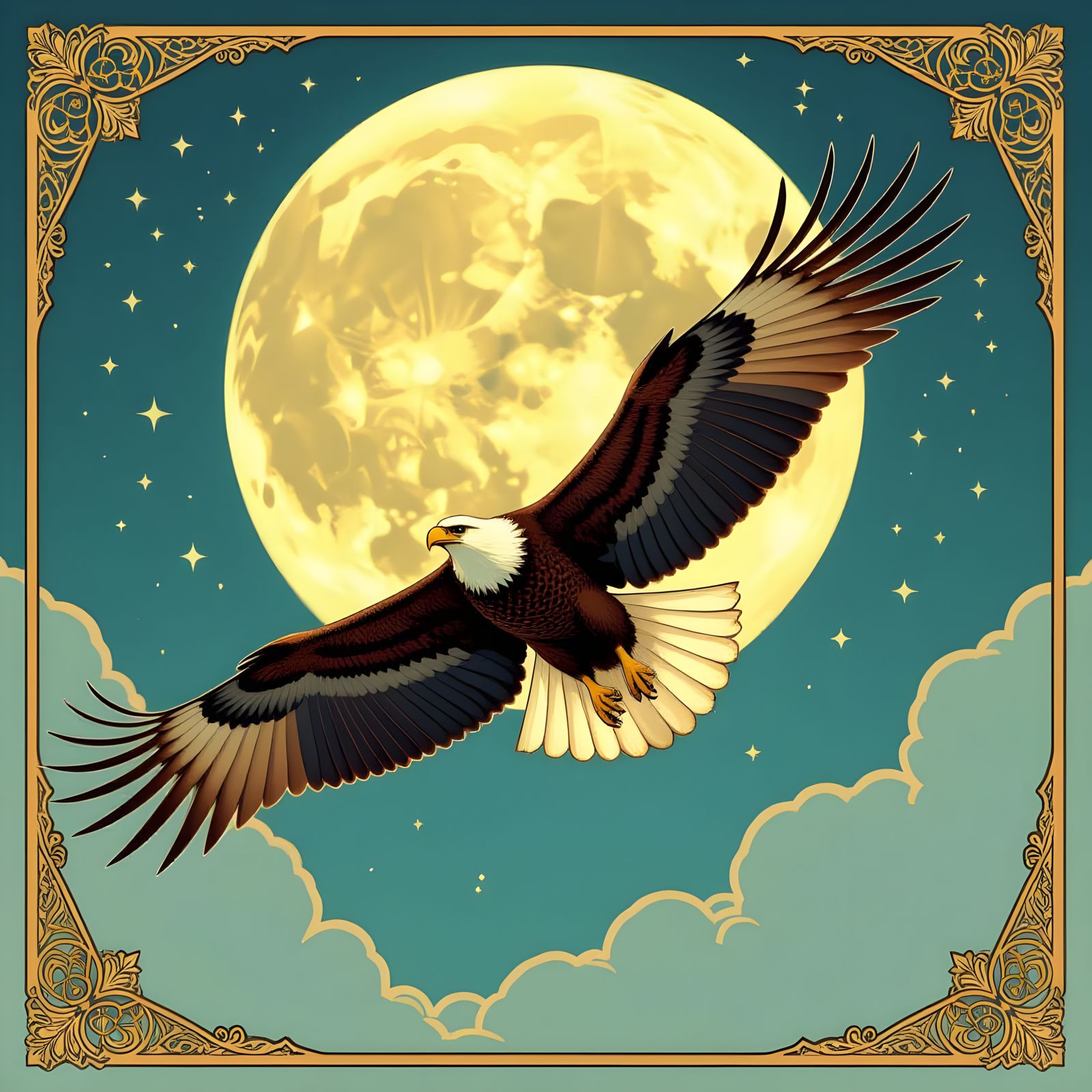Eagle Soaring Under Moonlight: Line Art