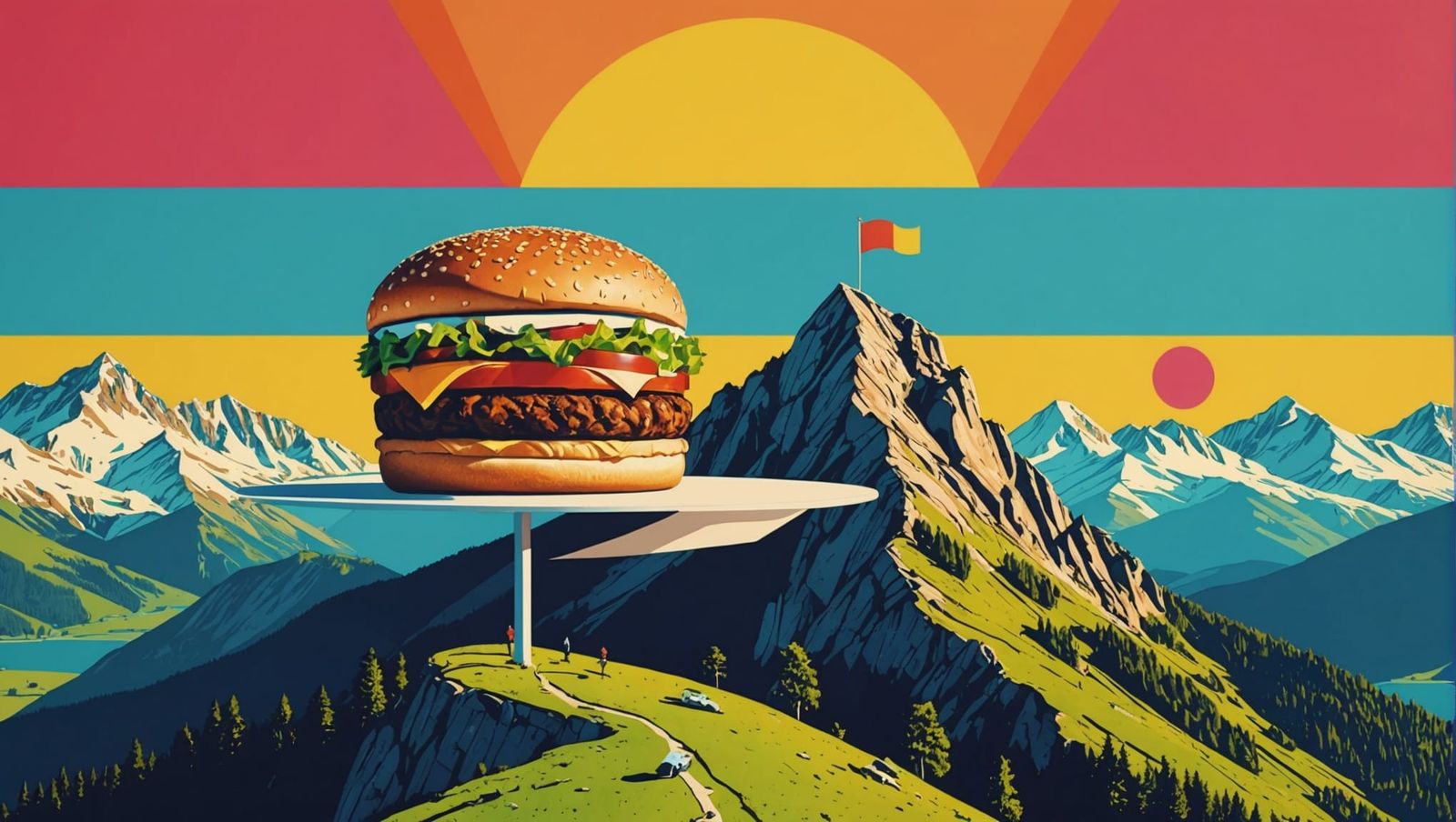 Colossal Burger Picnic: Pop Art Digital Rendering
