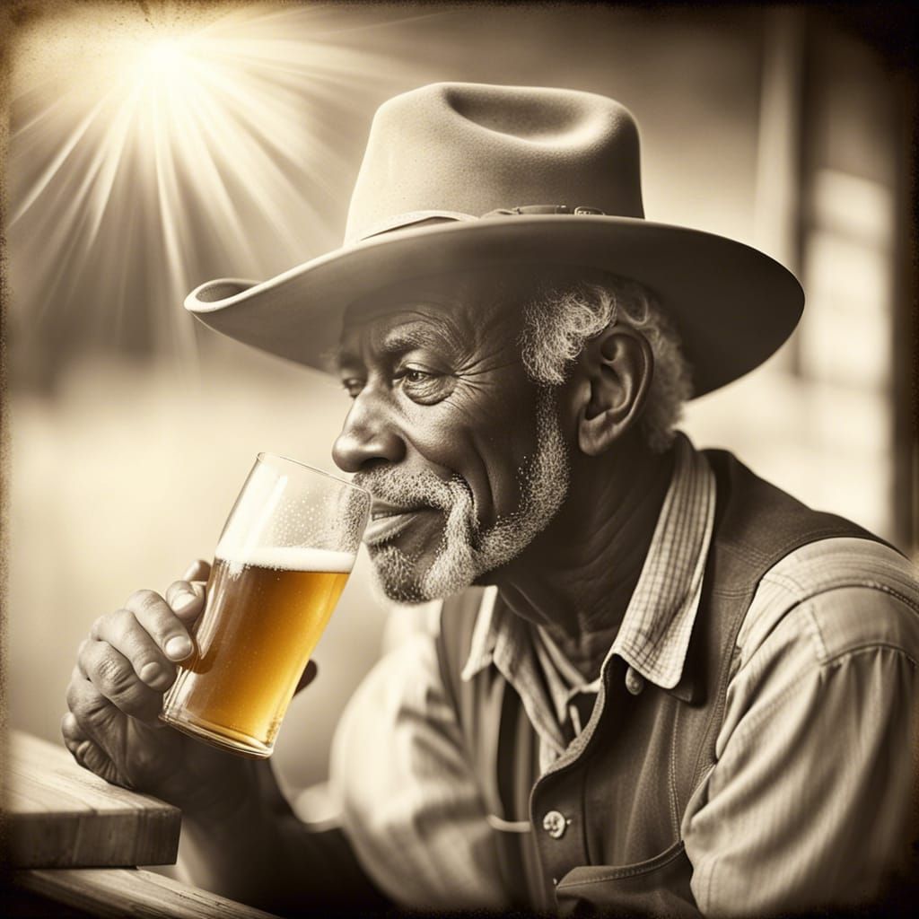Black Farmer with Cowboy Hat: Vintage Charcoal Drawing