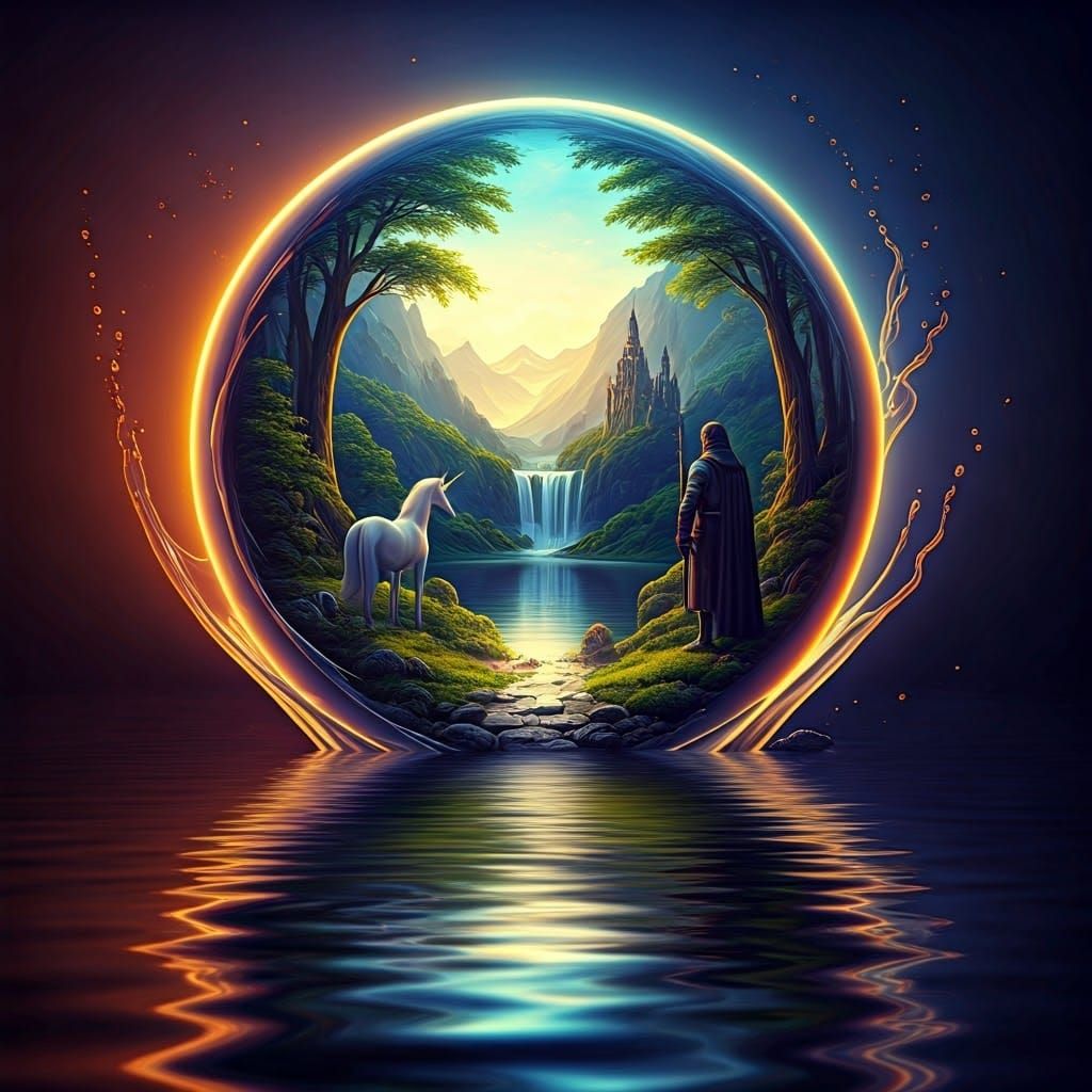 Glowing Orb over Lake: Surreal Fantasy Concept Art