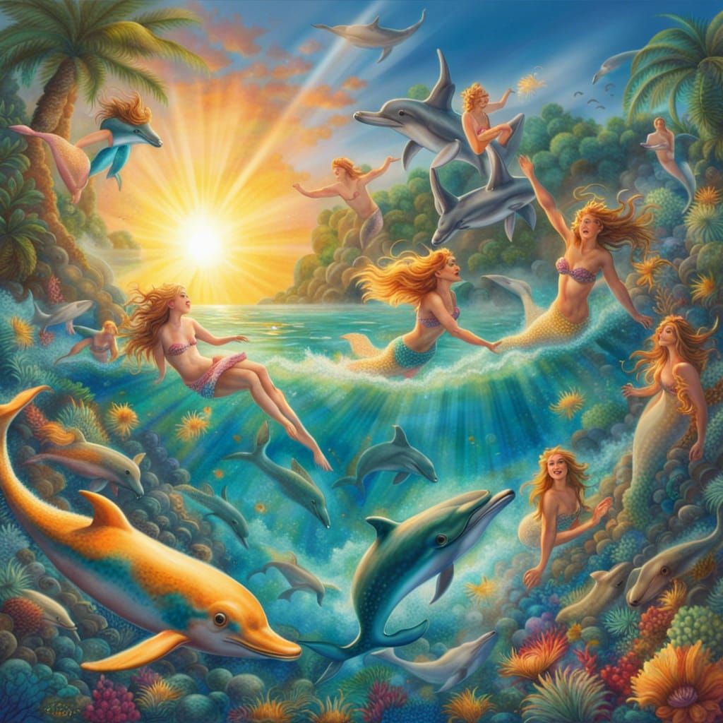 Mermaids Leaping from a Tropical Sea