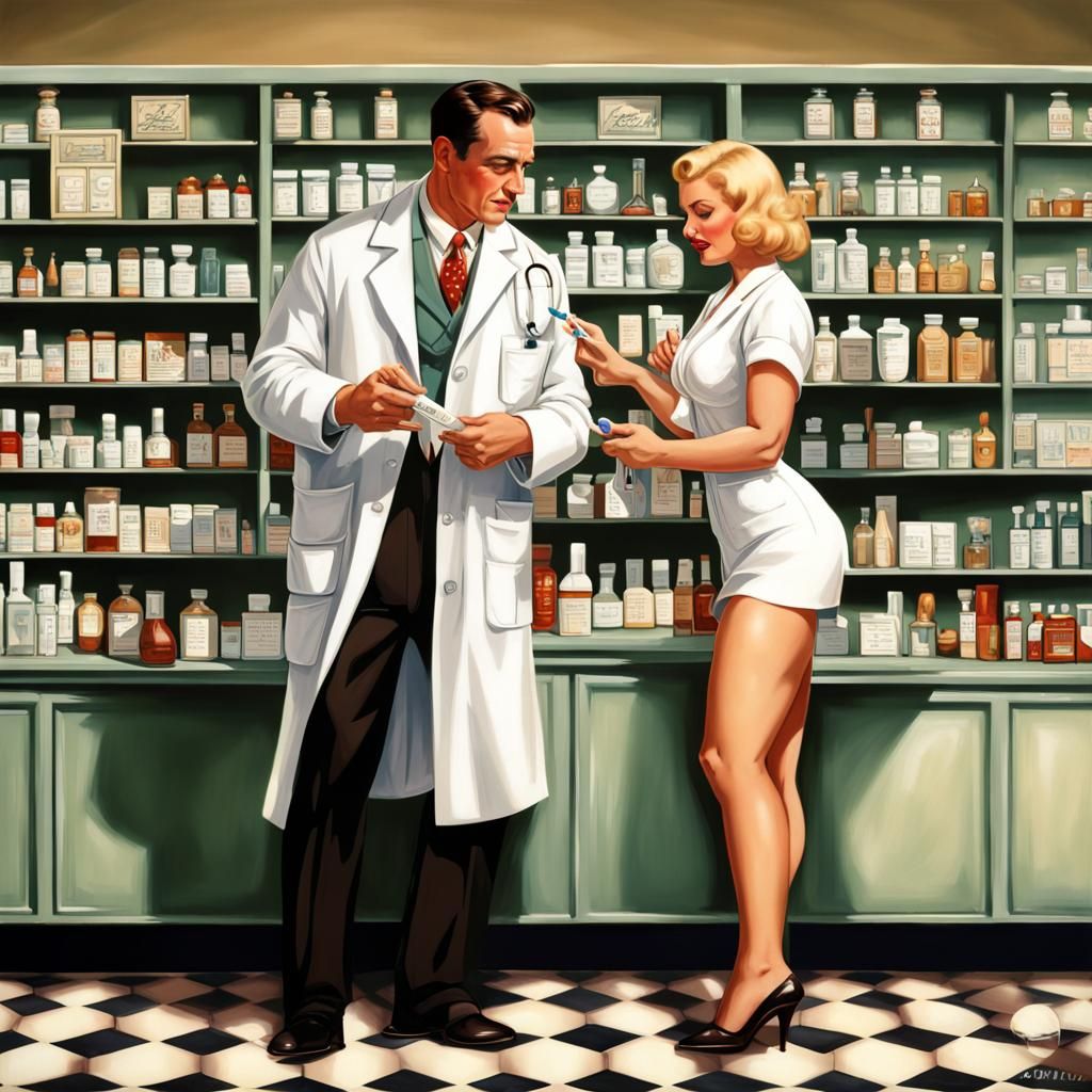 1930s Pin-Up Woman at Pharmacy in Hyperrealistic Style