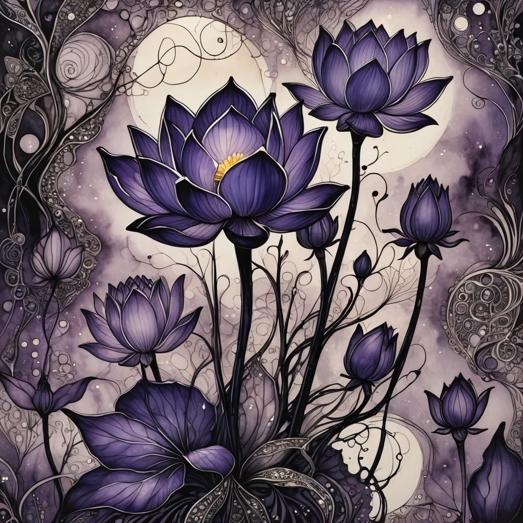 Ethereal Tanzanite Lotus in Dark Fantasy Ink Wash