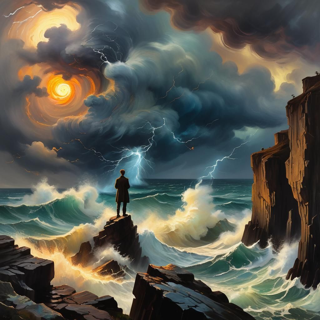 Person Stares Down Hurricane as Impasto Oil Painting