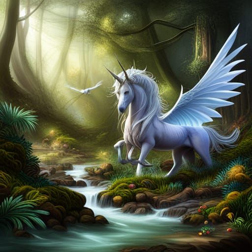 Enchanted Forest with Mythical Creatures in Detailed Matte P...