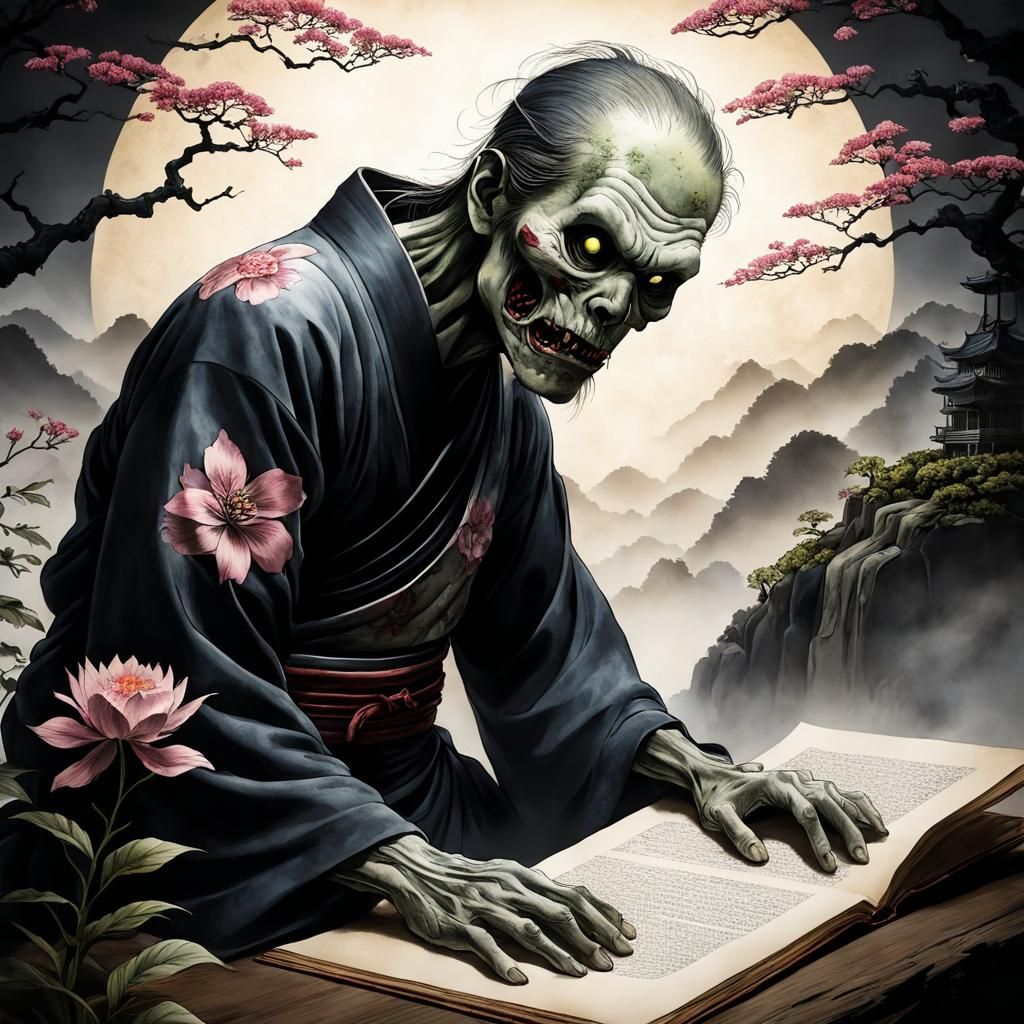 pen and ink illustration of Japanese folk art on parchment: a zombie in a flower: elegant,hyperrealistic, asian fantasy ...