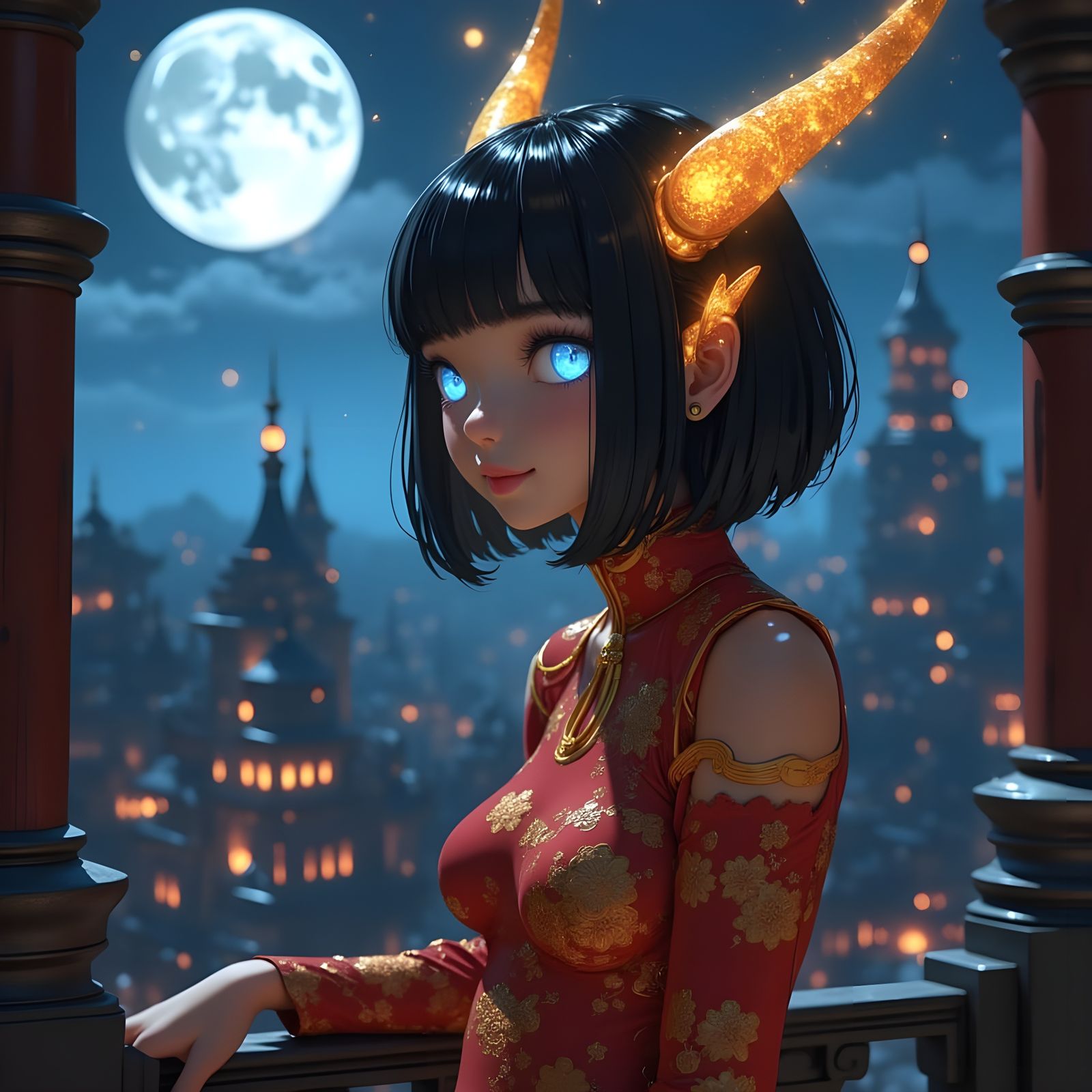 Majestic Chinese Dragoness Adorns Neo-Cyberpunk Castle Balco...