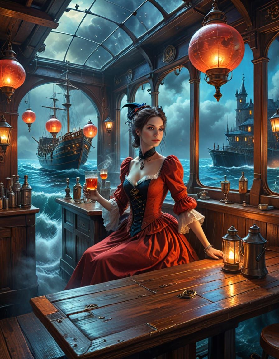 Witch and Duck in Spooky Moonlit Coffeehouse