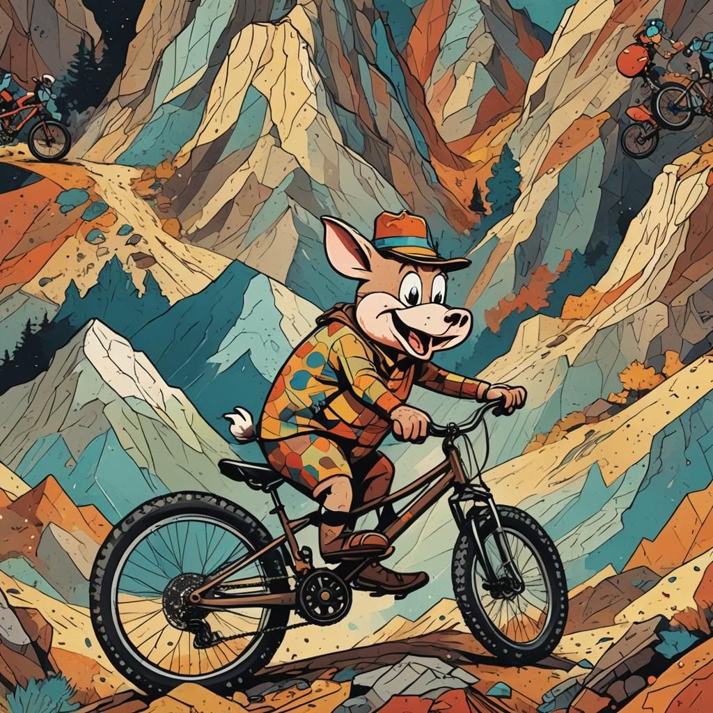 Porky Pig Rides a Mountain Bike in Abstract Art